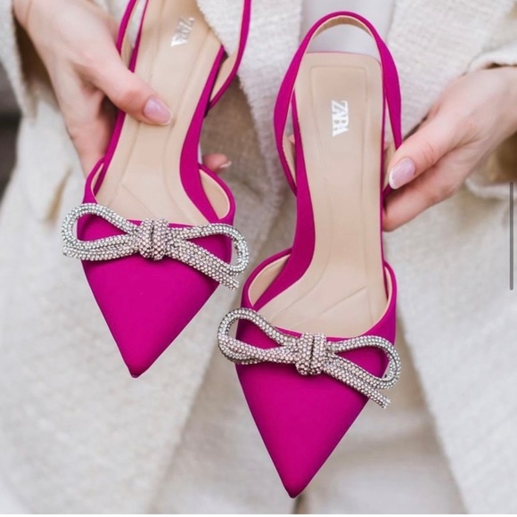 ZARA Fuchsia Pink Satin Embellished Crystal Bow Sling Back Heels - Picture 15 of 16